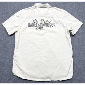 Harley Davidson Shirt Mens XL Beige Motorcycle Racer Checkered Flag Short Sleeve